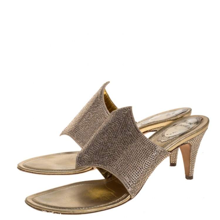 Pre Owned Rene Caovilla Metallic Gold Satin Crystal Embellished Slide Sandals Size 38