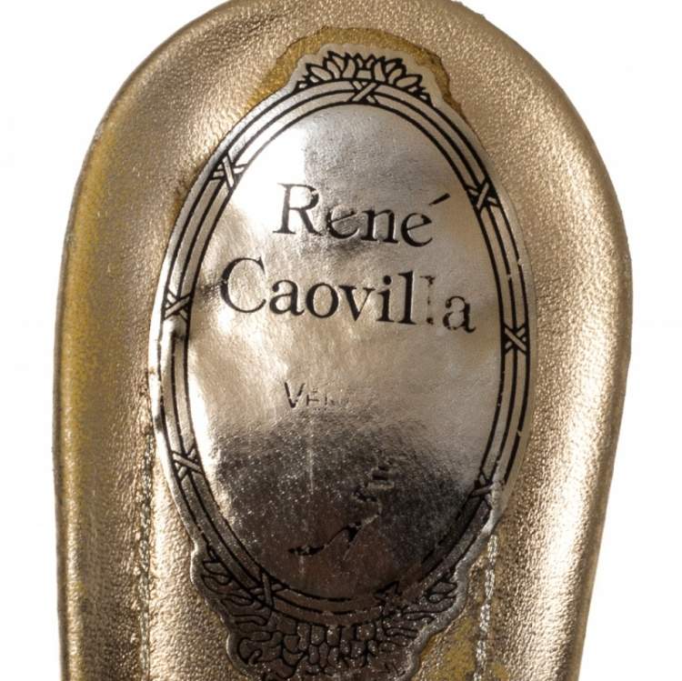 Pre Owned Rene Caovilla Metallic Gold Satin Crystal Embellished Slide Sandals Size 38