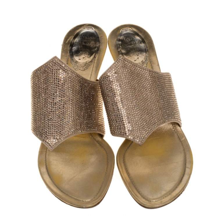 Pre Owned Rene Caovilla Metallic Gold Satin Crystal Embellished Slide Sandals Size 38