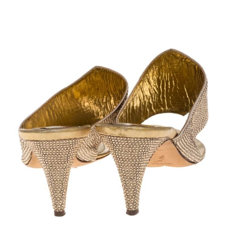 Pre Owned Rene Caovilla Metallic Gold Satin Crystal Embellished Slide Sandals Size 38