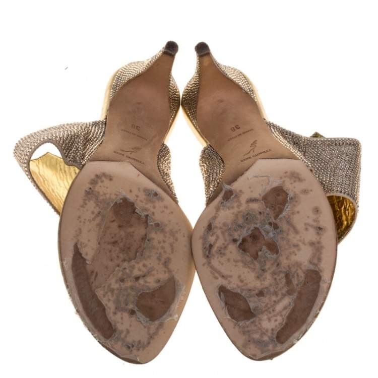 Pre Owned Rene Caovilla Metallic Gold Satin Crystal Embellished Slide Sandals Size 38