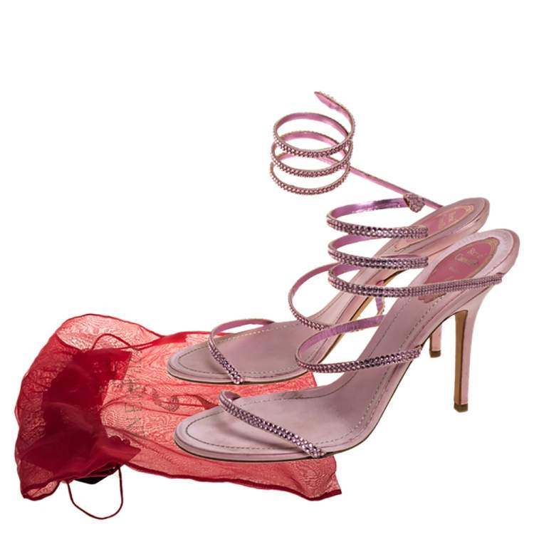 Pre Owned René Caovilla Pink Satin Crystal Embellished Ankle Wrap Open Toe Sandals Size 40