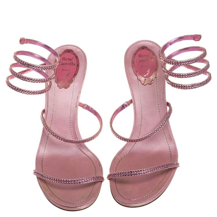 Pre Owned René Caovilla Pink Satin Crystal Embellished Ankle Wrap Open Toe Sandals Size 40