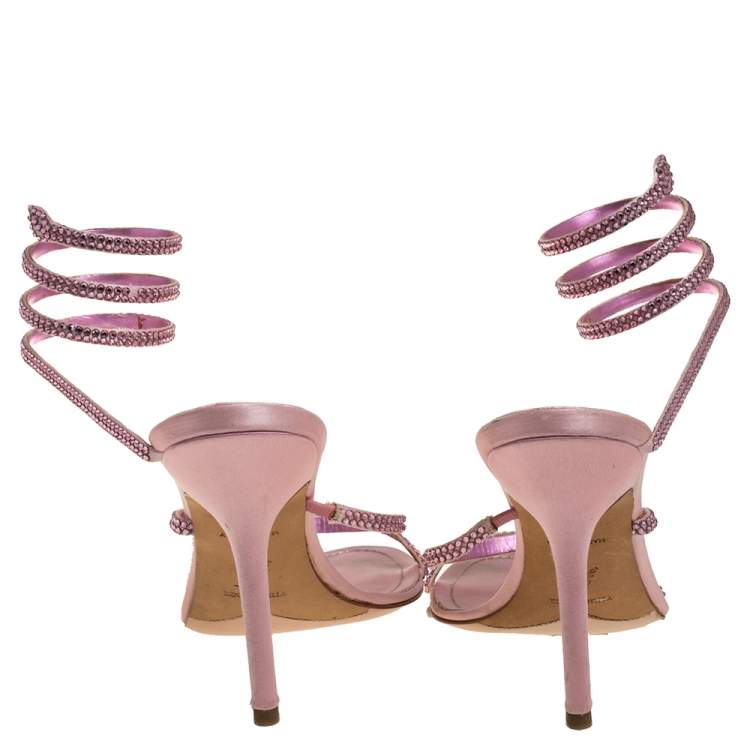 Pre Owned René Caovilla Pink Satin Crystal Embellished Ankle Wrap Open Toe Sandals Size 40