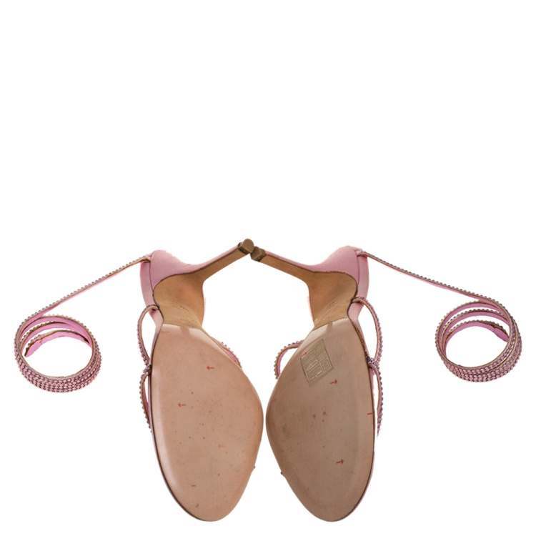 Pre Owned René Caovilla Pink Satin Crystal Embellished Ankle Wrap Open Toe Sandals Size 40