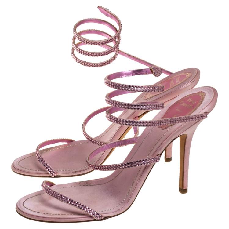 Pre Owned René Caovilla Pink Satin Crystal Embellished Ankle Wrap Open Toe Sandals Size 40