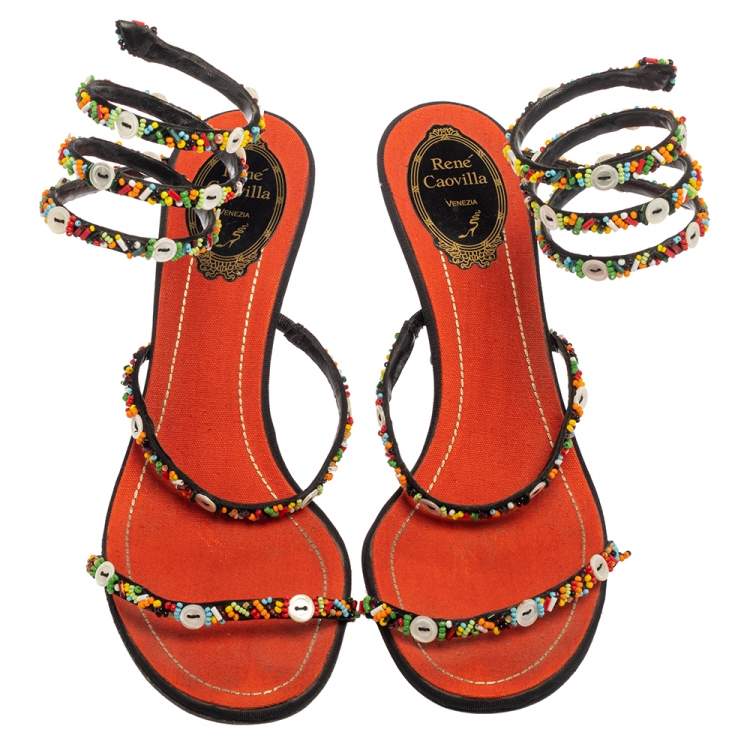 Pre Owned René Caovilla Orange/Black Satin  Embellished Ankle Wrap Sandals Size 39.5