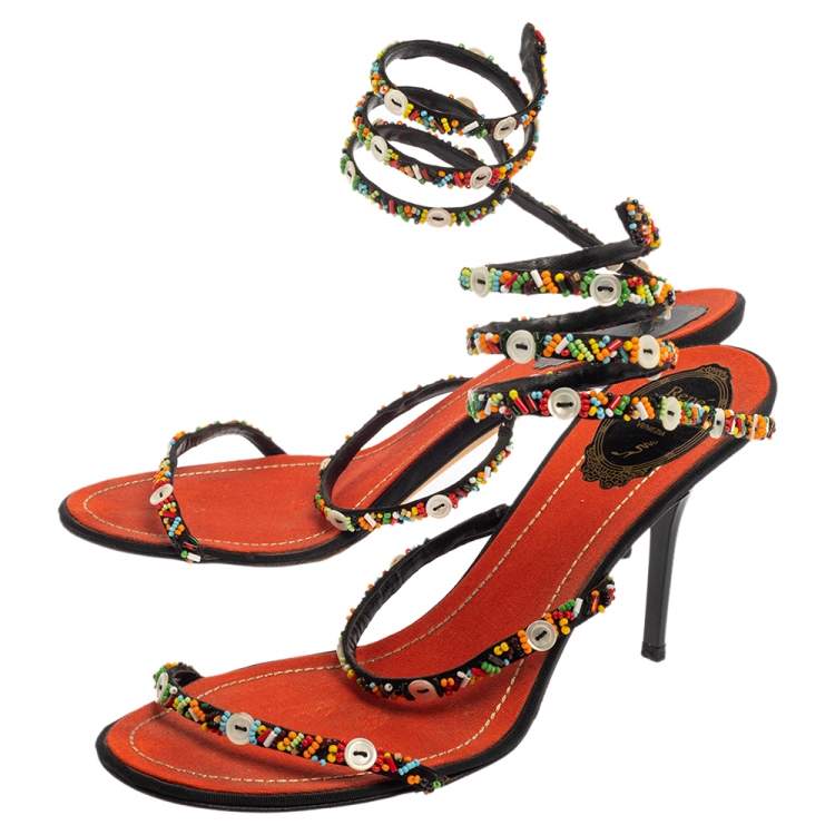 Pre Owned René Caovilla Orange/Black Satin  Embellished Ankle Wrap Sandals Size 39.5