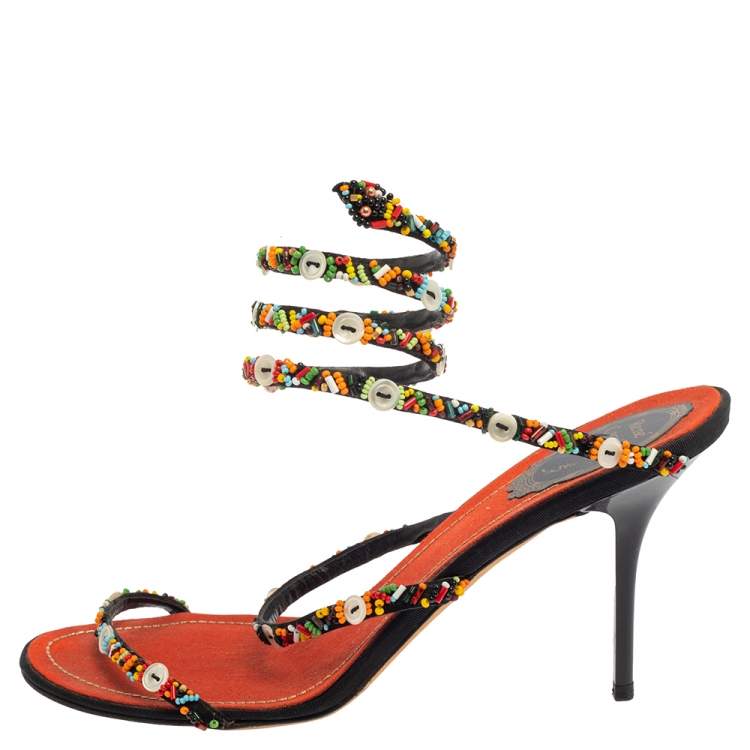 Pre Owned René Caovilla Orange/Black Satin  Embellished Ankle Wrap Sandals Size 39.5