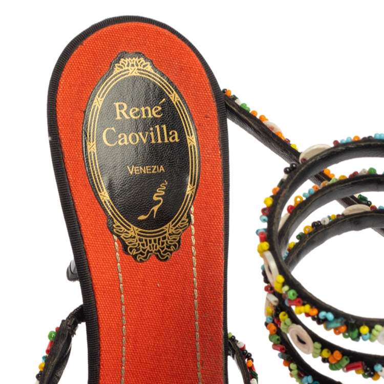 Pre Owned René Caovilla Orange/Black Satin  Embellished Ankle Wrap Sandals Size 39.5