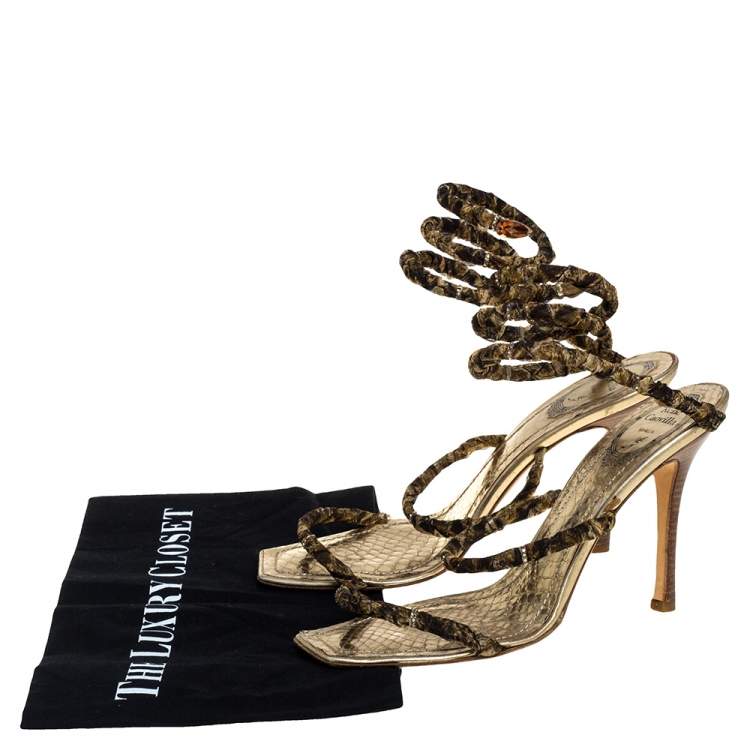Pre Owned René Caovilla Gold/Brown Fabric And Leather Crystal Embellishment Cleo Spiral Sandals Size 40