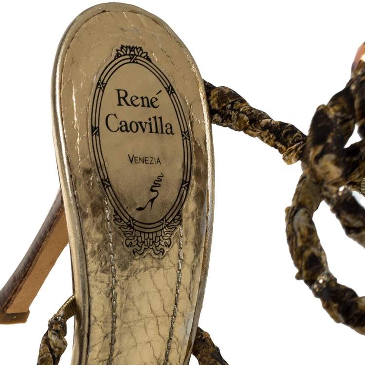 Pre Owned René Caovilla Gold/Brown Fabric And Leather Crystal Embellishment Cleo Spiral Sandals Size 40
