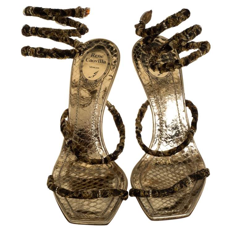 Pre Owned René Caovilla Gold/Brown Fabric And Leather Crystal Embellishment Cleo Spiral Sandals Size 40