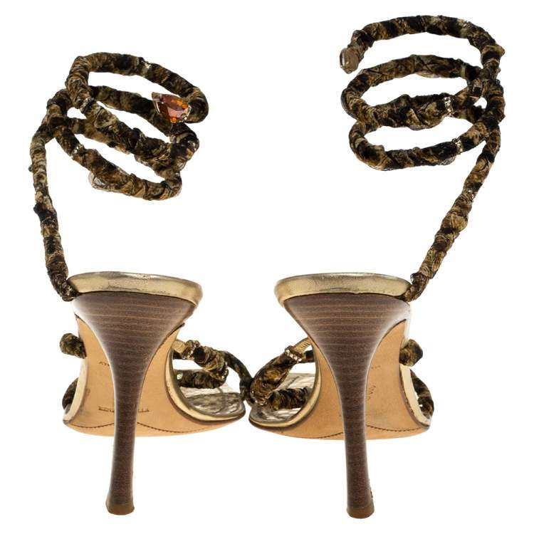 Pre Owned René Caovilla Gold/Brown Fabric And Leather Crystal Embellishment Cleo Spiral Sandals Size 40