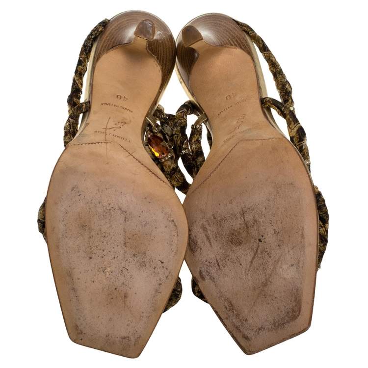 Pre Owned René Caovilla Gold/Brown Fabric And Leather Crystal Embellishment Cleo Spiral Sandals Size 40