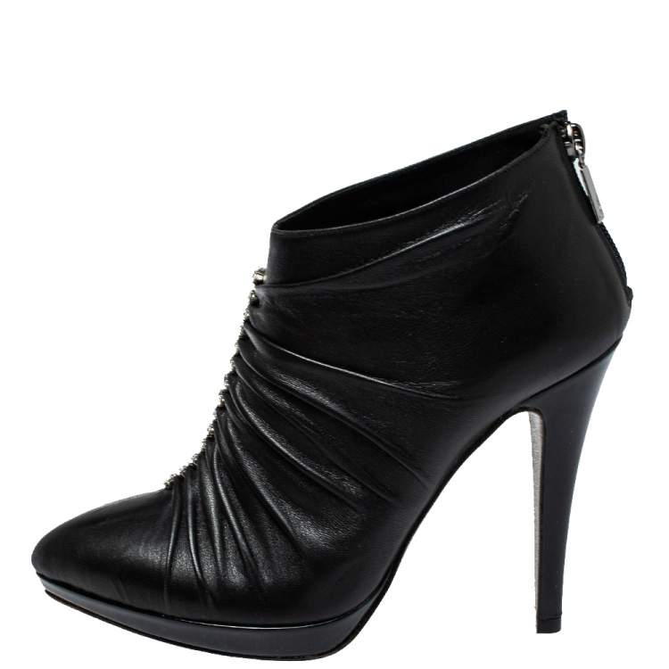 Pre Owned Rene Caovilla Black Pleated Leather Crystal Embellished Ankle Boots Size 37
