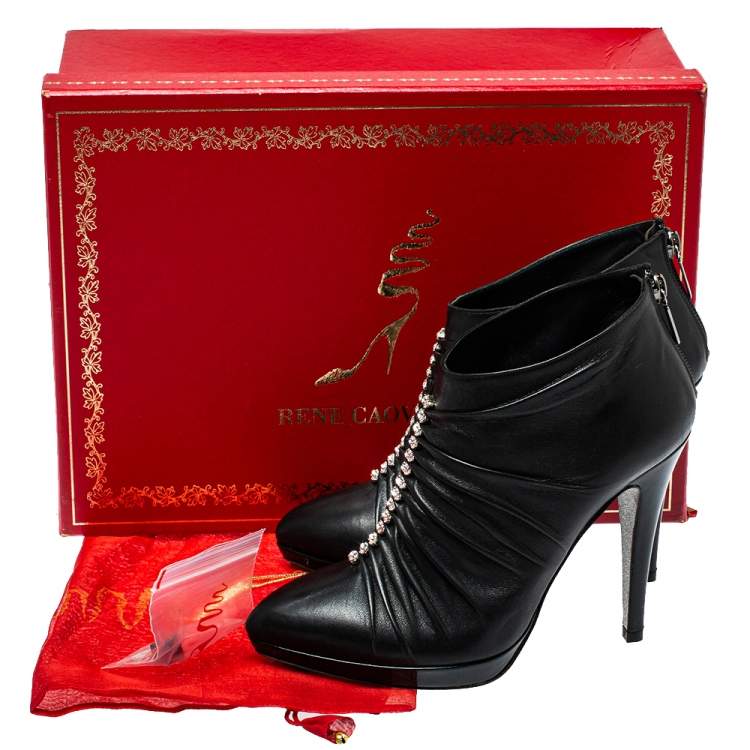 Pre Owned Rene Caovilla Black Pleated Leather Crystal Embellished Ankle Boots Size 37