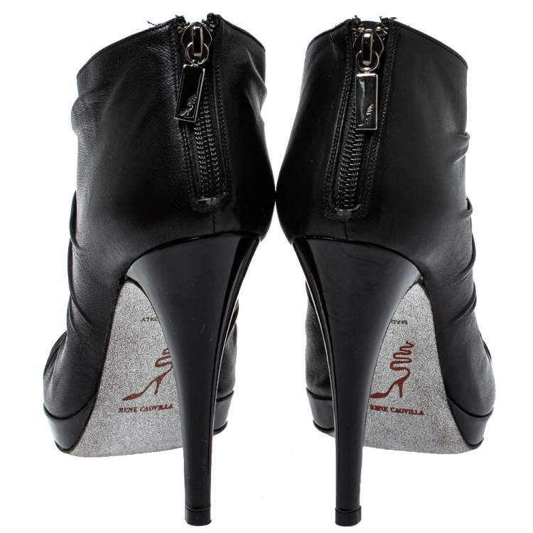 Pre Owned Rene Caovilla Black Pleated Leather Crystal Embellished Ankle Boots Size 37