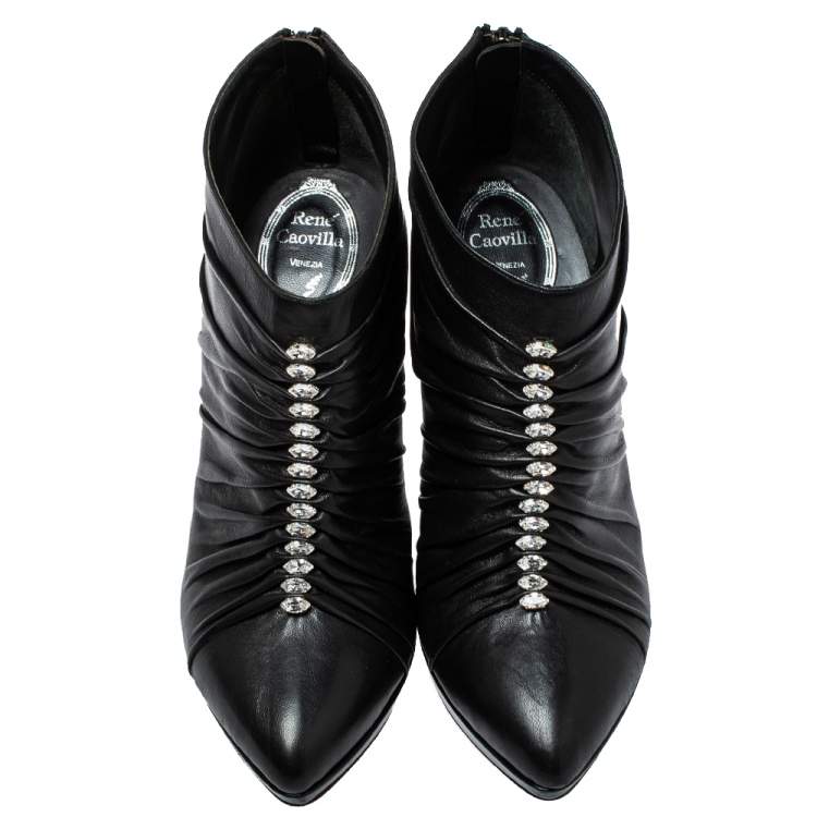 Pre Owned Rene Caovilla Black Pleated Leather Crystal Embellished Ankle Boots Size 37