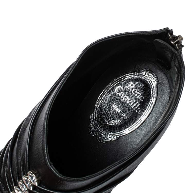 Pre Owned Rene Caovilla Black Pleated Leather Crystal Embellished Ankle Boots Size 37