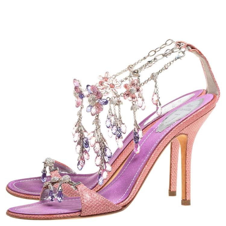 مملوكة مسبقًا René Caovilla Pink/Purple Lizard Embossed Leather Floral Embellished Anklet Sandals Size 39