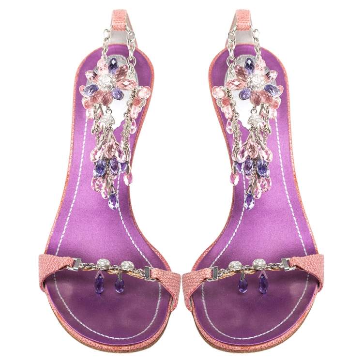 مملوكة مسبقًا René Caovilla Pink/Purple Lizard Embossed Leather Floral Embellished Anklet Sandals Size 39
