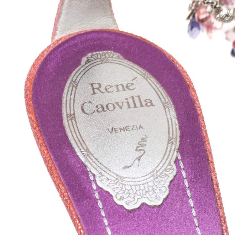 مملوكة مسبقًا René Caovilla Pink/Purple Lizard Embossed Leather Floral Embellished Anklet Sandals Size 39