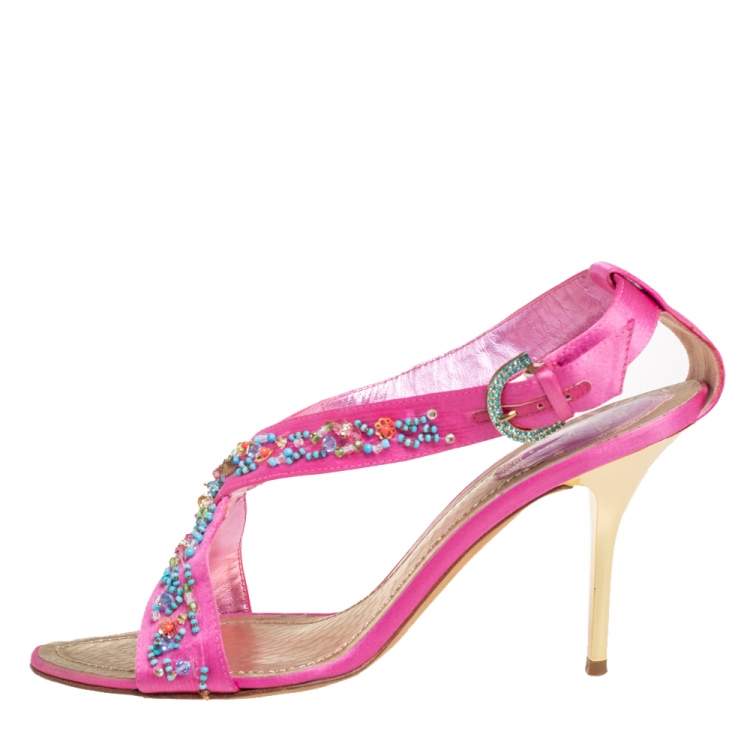 Pre Owned René Caovilla Pink Satin Embellished Criss Cross Sandals Size 38.5