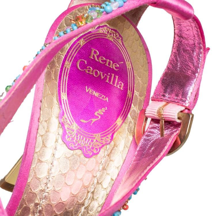 Pre Owned René Caovilla Pink Satin Embellished Criss Cross Sandals Size 38.5