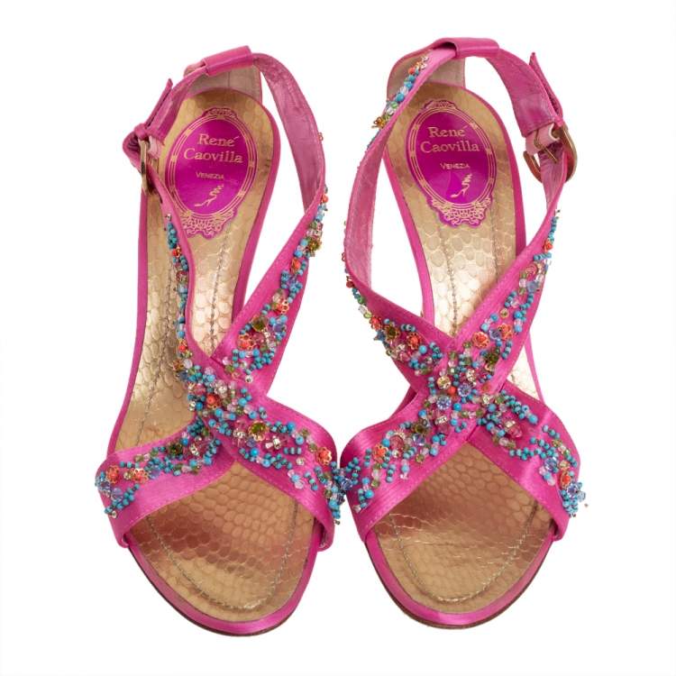 Pre Owned René Caovilla Pink Satin Embellished Criss Cross Sandals Size 38.5