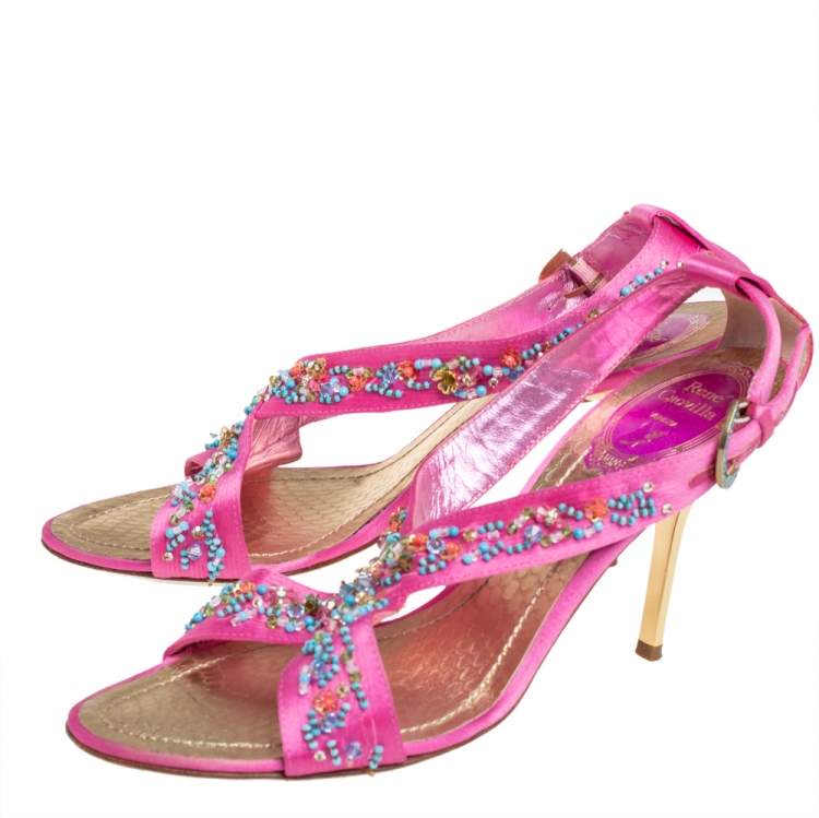 Pre Owned René Caovilla Pink Satin Embellished Criss Cross Sandals Size 38.5