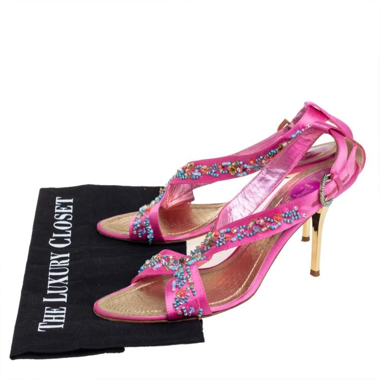 Pre Owned René Caovilla Pink Satin Embellished Criss Cross Sandals Size 38.5