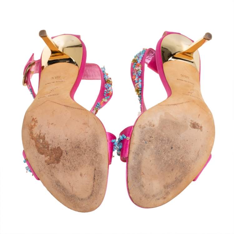 Pre Owned René Caovilla Pink Satin Embellished Criss Cross Sandals Size 38.5