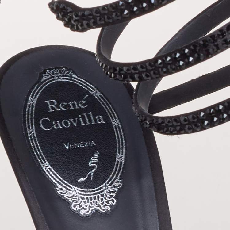 Pre Owned René Caovilla Black Satin Ankle Wrap Cleo Sandals Size 40