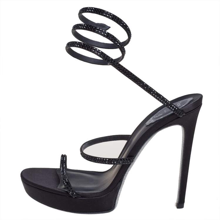 Pre Owned René Caovilla Black Satin Ankle Wrap Cleo Sandals Size 40