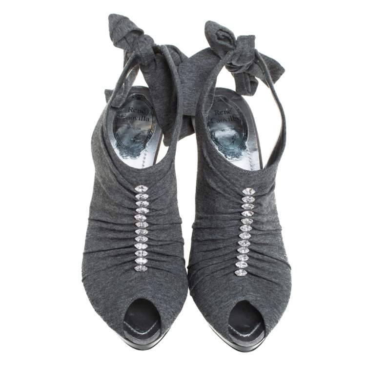 Pre Owned René Caovilla Grey Fabric Crystal Embellished Ankle Tie Slingback Sandals Size 38