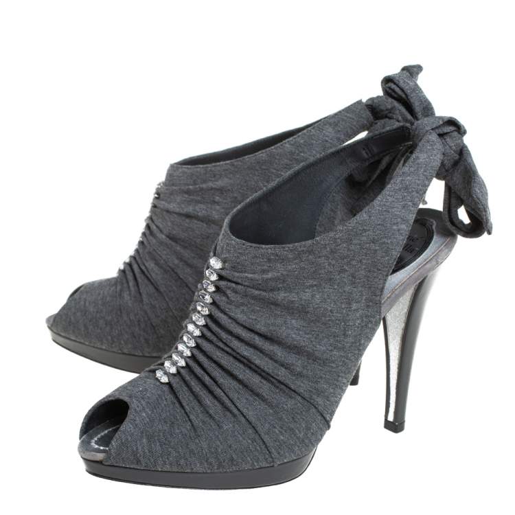 Pre Owned René Caovilla Grey Fabric Crystal Embellished Ankle Tie Slingback Sandals Size 38