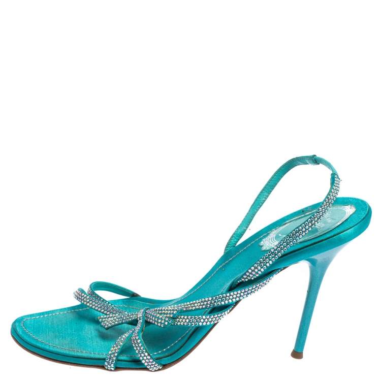 Pre Owned René Caovilla Blue Satin Crystal Embellished Strappy Slingback Sandals Size 38.5