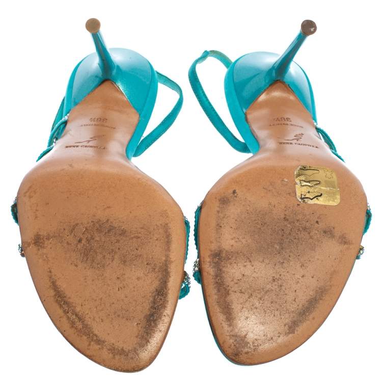 Pre Owned René Caovilla Blue Satin Crystal Embellished Strappy Slingback Sandals Size 38.5