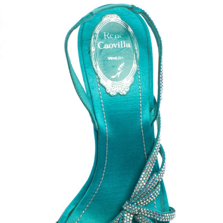 Pre Owned René Caovilla Blue Satin Crystal Embellished Strappy Slingback Sandals Size 38.5
