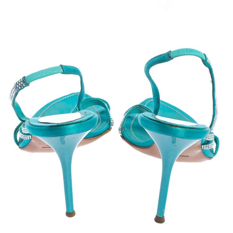 Pre Owned René Caovilla Blue Satin Crystal Embellished Strappy Slingback Sandals Size 38.5