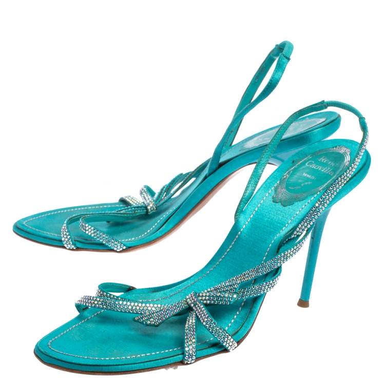 Pre Owned René Caovilla Blue Satin Crystal Embellished Strappy Slingback Sandals Size 38.5