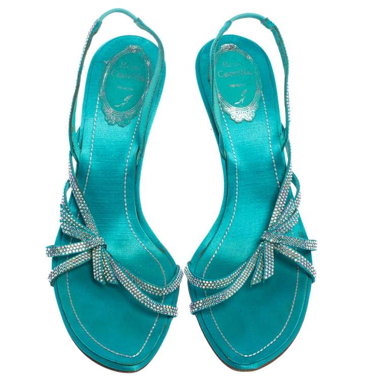 Pre Owned René Caovilla Blue Satin Crystal Embellished Strappy Slingback Sandals Size 38.5