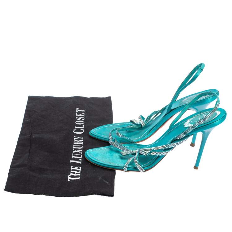Pre Owned René Caovilla Blue Satin Crystal Embellished Strappy Slingback Sandals Size 38.5