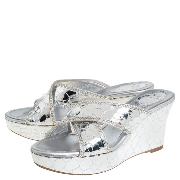Pre Owned Rene Caovilla Metallic Silver Textured Leather Wedge Platform Slide Sandals Size 37