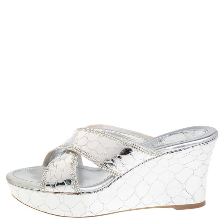 Pre Owned Rene Caovilla Metallic Silver Textured Leather Wedge Platform Slide Sandals Size 37