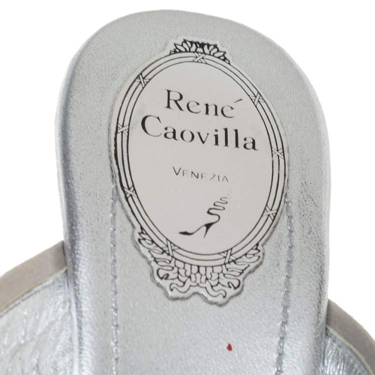 Pre Owned Rene Caovilla Metallic Silver Textured Leather Wedge Platform Slide Sandals Size 37