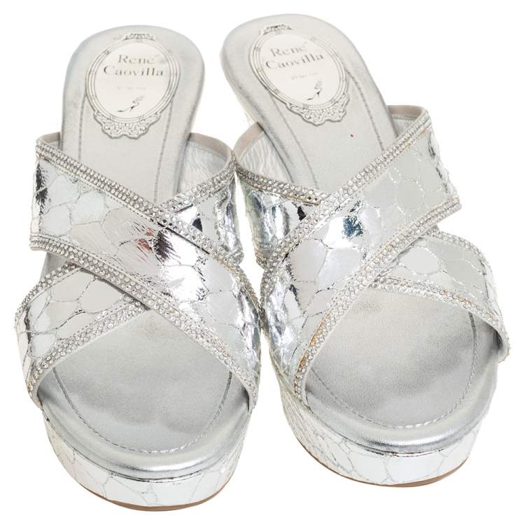 Pre Owned Rene Caovilla Metallic Silver Textured Leather Wedge Platform Slide Sandals Size 37