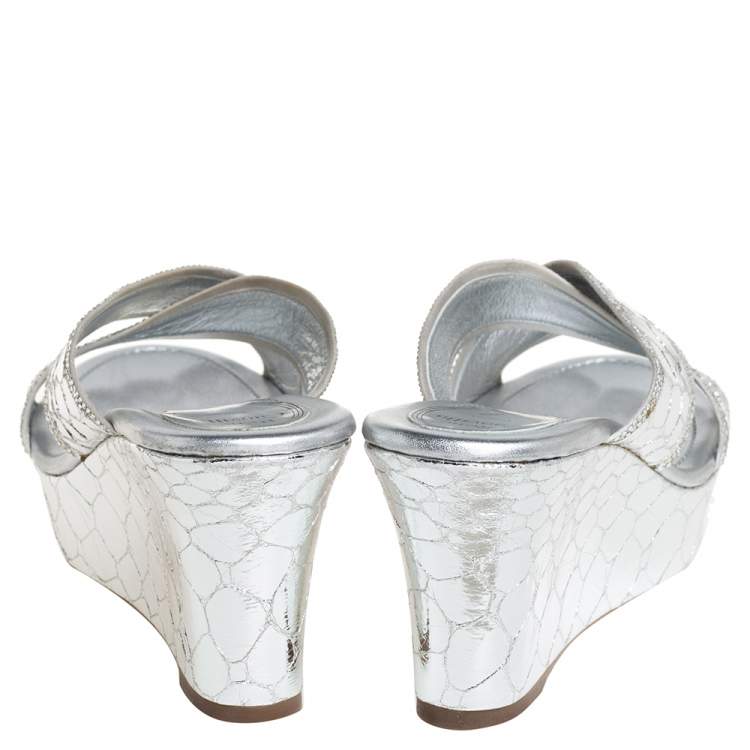 Pre Owned Rene Caovilla Metallic Silver Textured Leather Wedge Platform Slide Sandals Size 37