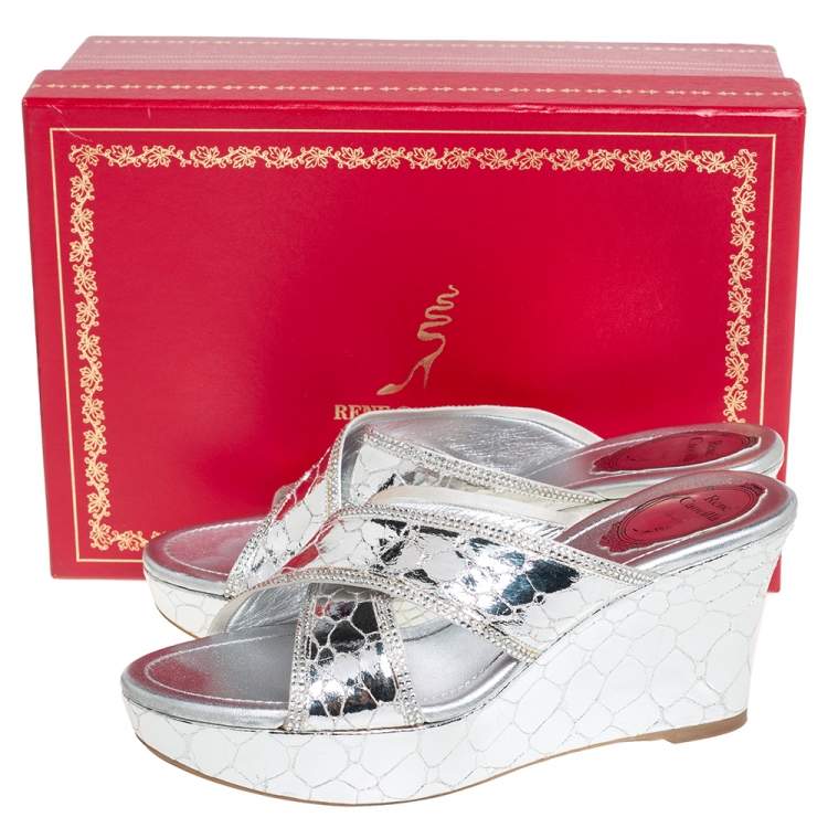 Pre Owned Rene Caovilla Metallic Silver Textured Leather Wedge Platform Slide Sandals Size 37